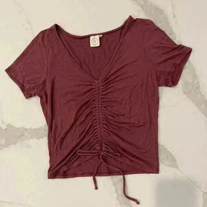 Live in the Moment Tie Front Scrunch ShortSleeve CropTop Womens Medium Dark Pink